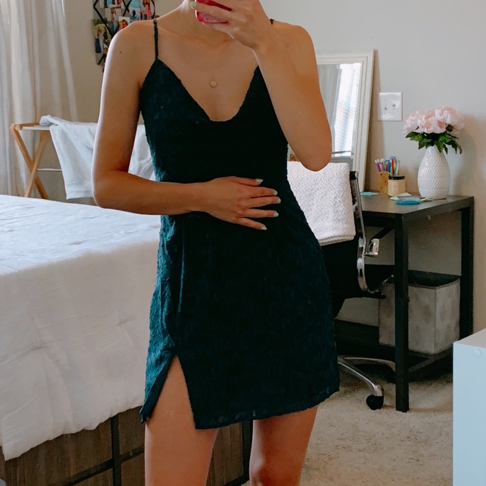Emerald side slit cowl neck mini dress